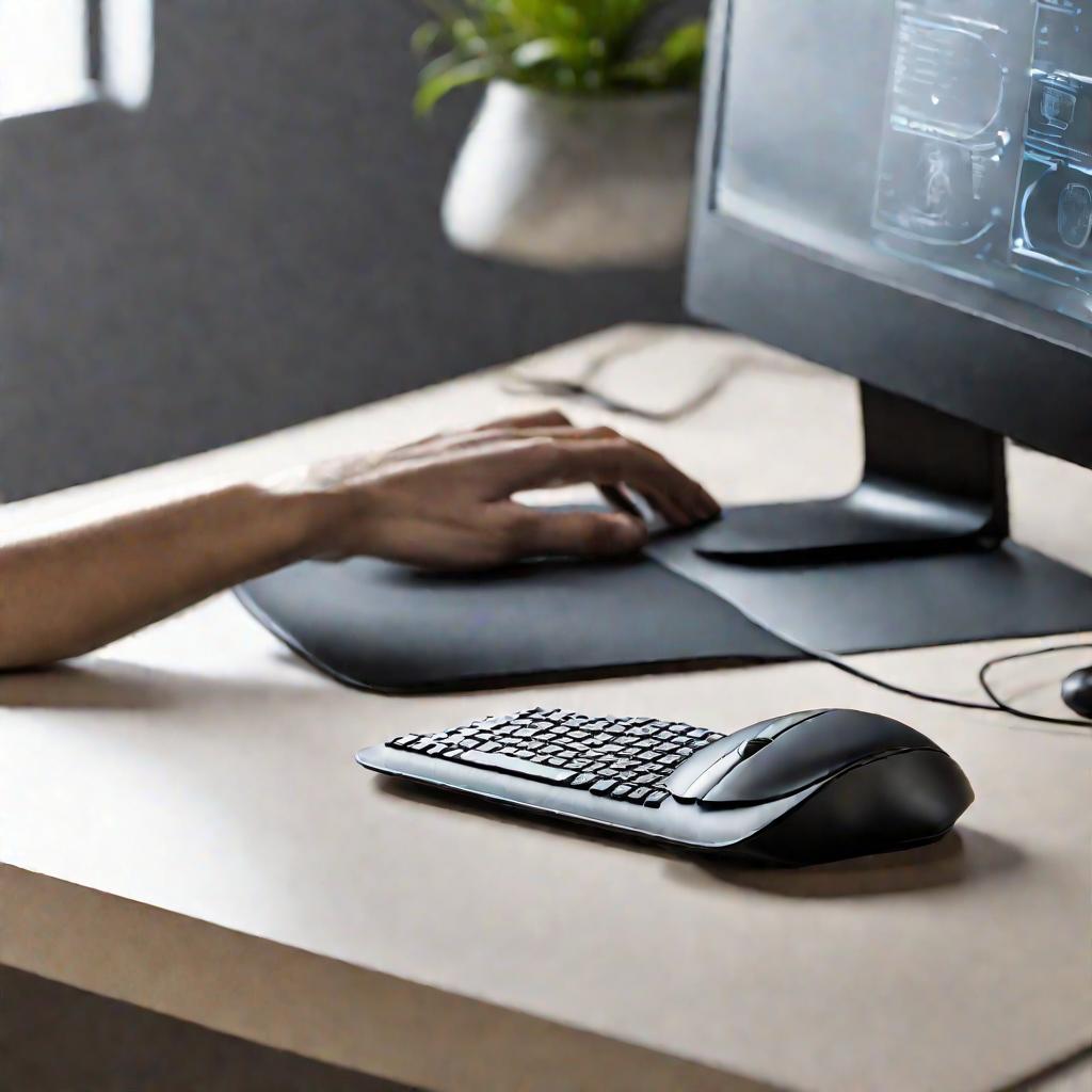 Рука пользуется эргономичной вертикальной компьютерной мышью на современном минималистичном рабочем столе с двумя мониторами