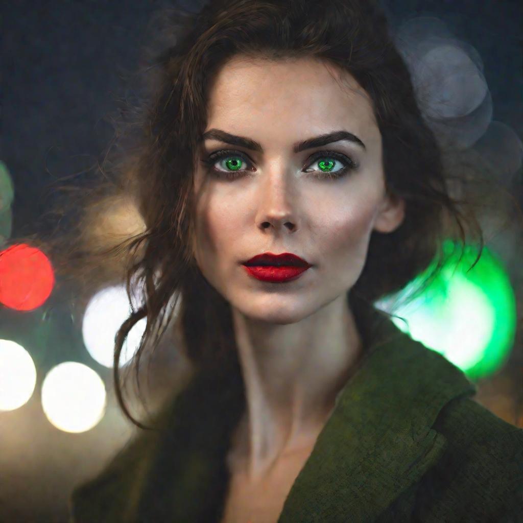 Портрет темноволосой зеленоглазой девушки с приоткрытыми губами на фоне размытых огней города в туманный вечер.