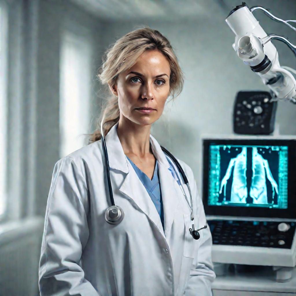 Портрет врача-гинеколога в белом халате и маске, смотрящей в камеру с серьезным сосредоточенным выражением лица. В перчатке она держит современный радиоволновой коагулятор. Мягкий естественный свет падает на нее из окна, создавая световой контур вокруг во