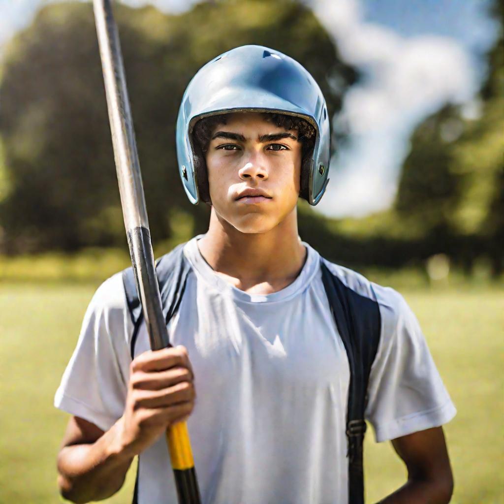 Портрет подростка в спортивной форме с метательным копьем