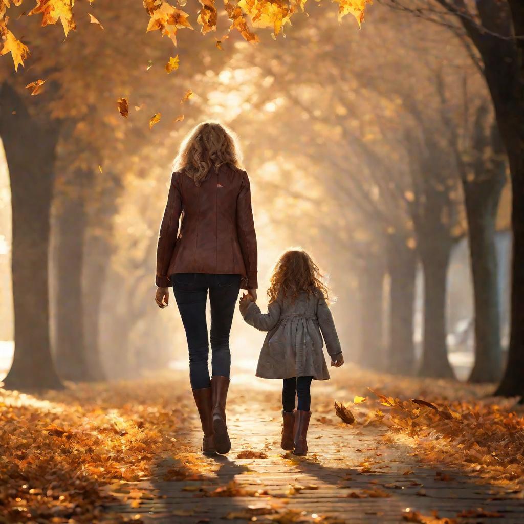 Мама с дочерью идут по осенней улице