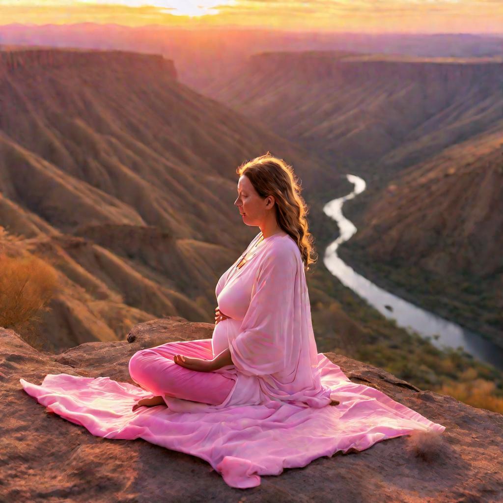 Беременная женщина медитирует на закате на вершине утеса, с видом на долину.