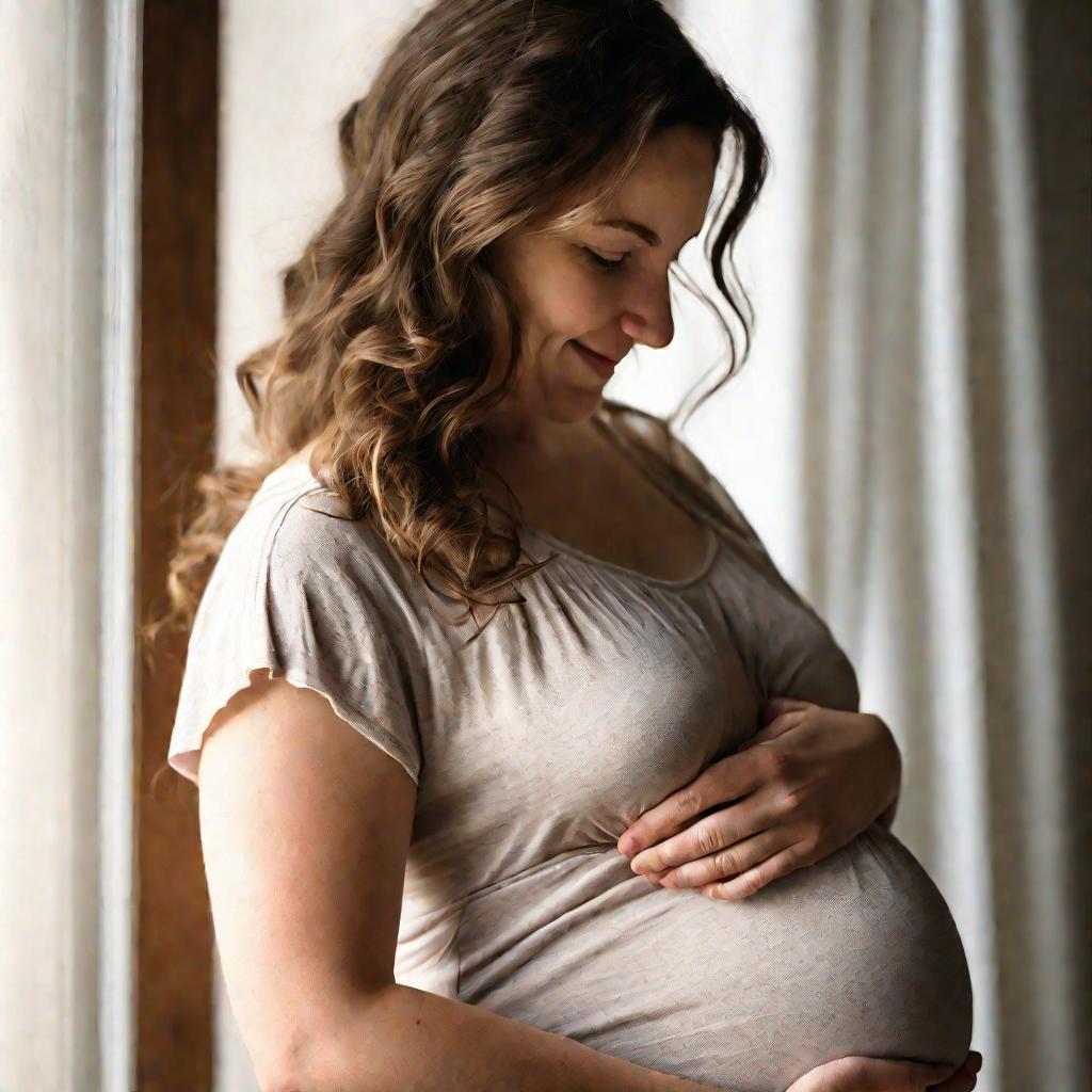 Крупным планом портрет беременной женщины, нежно прижимающей живот и улыбающейся.