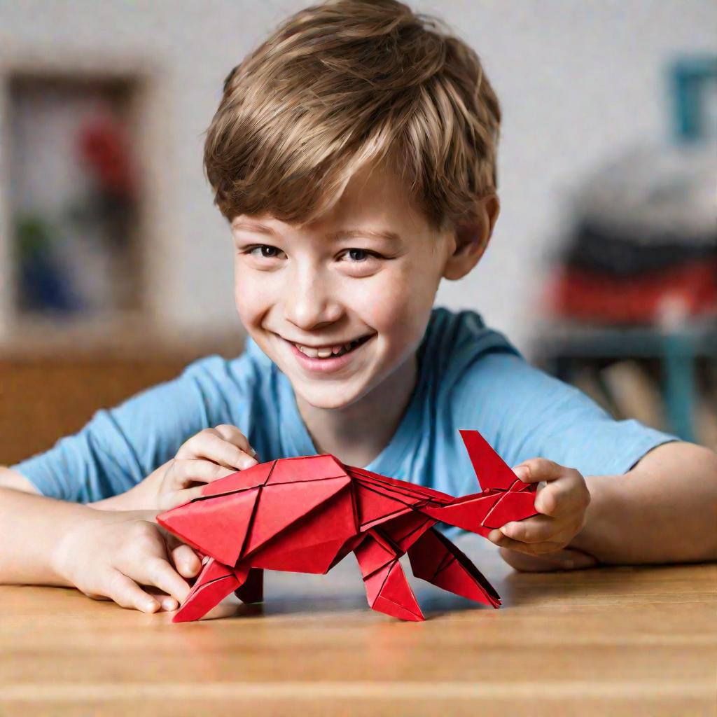 Ребенок держит готовый танк оригами