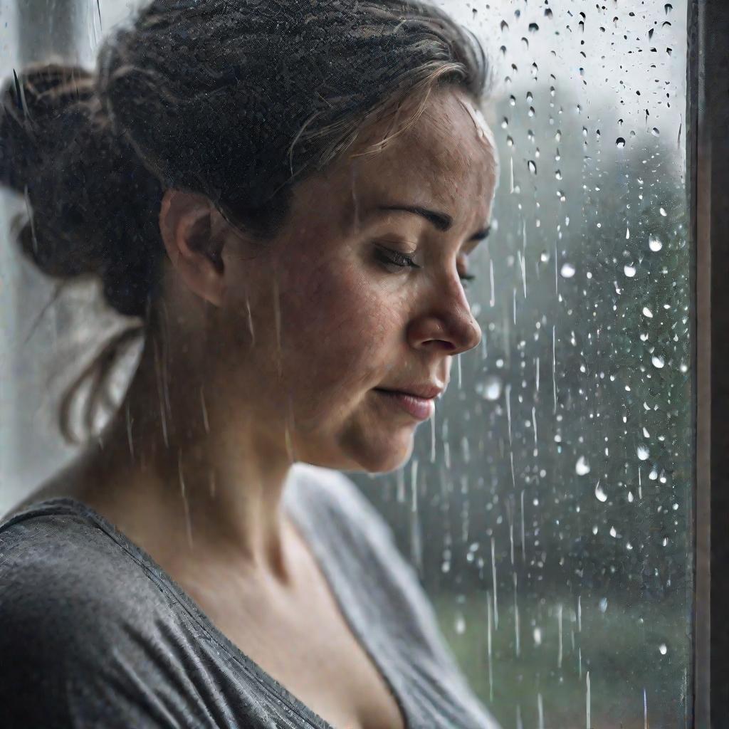 Крупный план портрета беременной женщины, задумчиво глядящей в окно в дождливый день. Одной рукой она опирается на живот. Мягкое серое освещение и капли дождя на стекле создают атмосферу созерцательности и внутренней сосредоточенности. Глубина резкости из