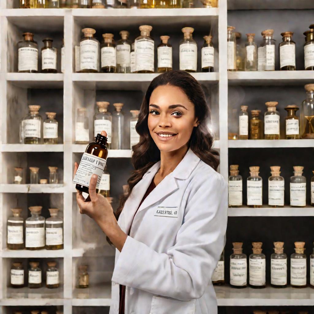 Женщина держит бутылку с касторовым маслом в аптеке