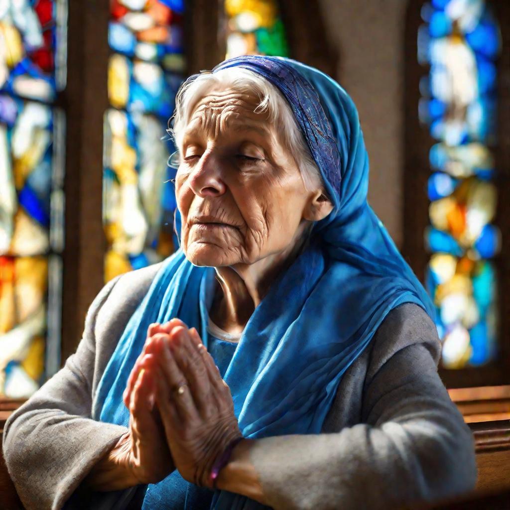 Пожилая женщина молится в церкви.