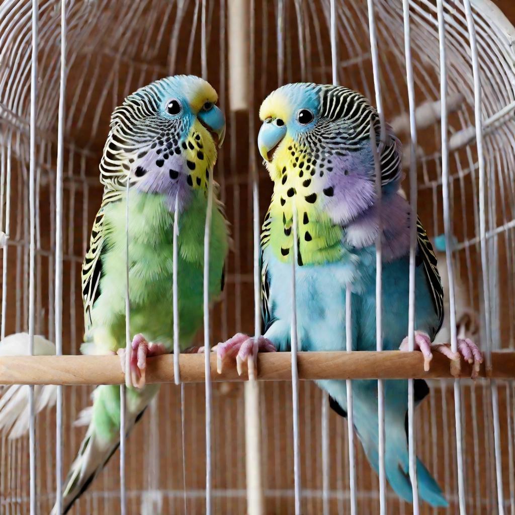 Два молодых волнистых попугая в клетке: поющий самец и наблюдающая за ним самка. Раннее утреннее освещение.