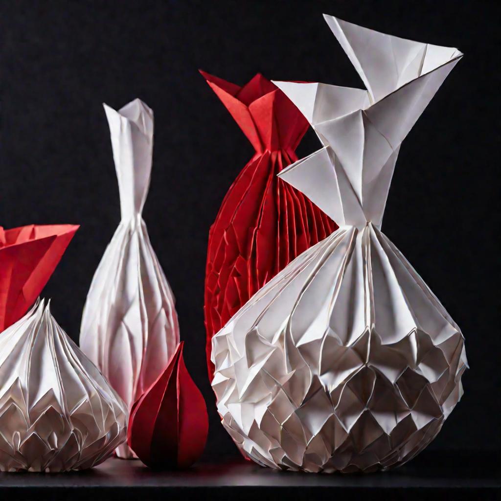 Элегантная грушевидная ваза из красных и белых модулей оригами с ажурным верхом