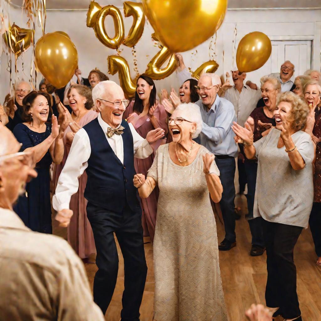 Большая веселая компания гостей радостно хлопает и приветствует танцующую в центре комнаты пожилую пару, украшенной золотыми шарами и гирляндами, на праздновании их золотой свадьбы.