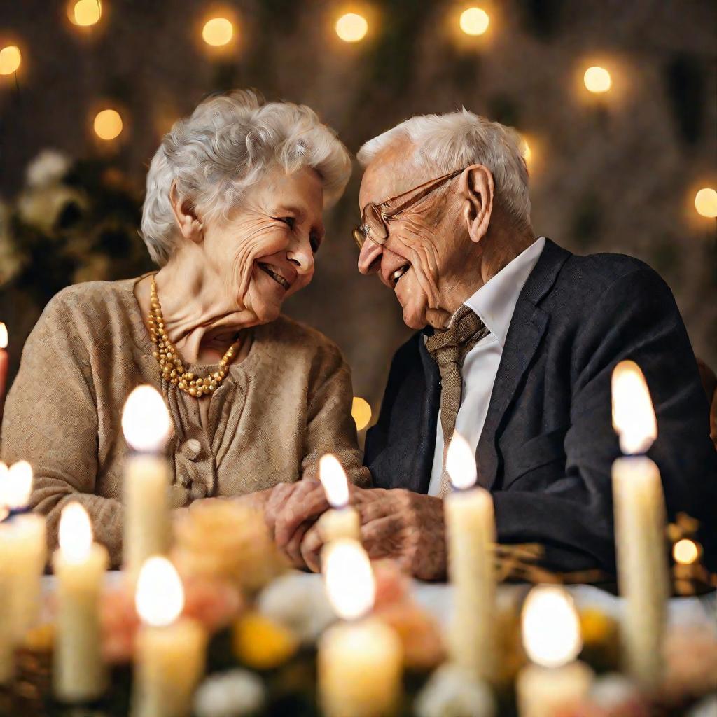 Пожилая пара держится за руки и любовно смотрит друг другу в глаза, сидя за столом, украшенным свечами, цветами и большим свадебным тортом, на праздновании золотой свадьбы.
