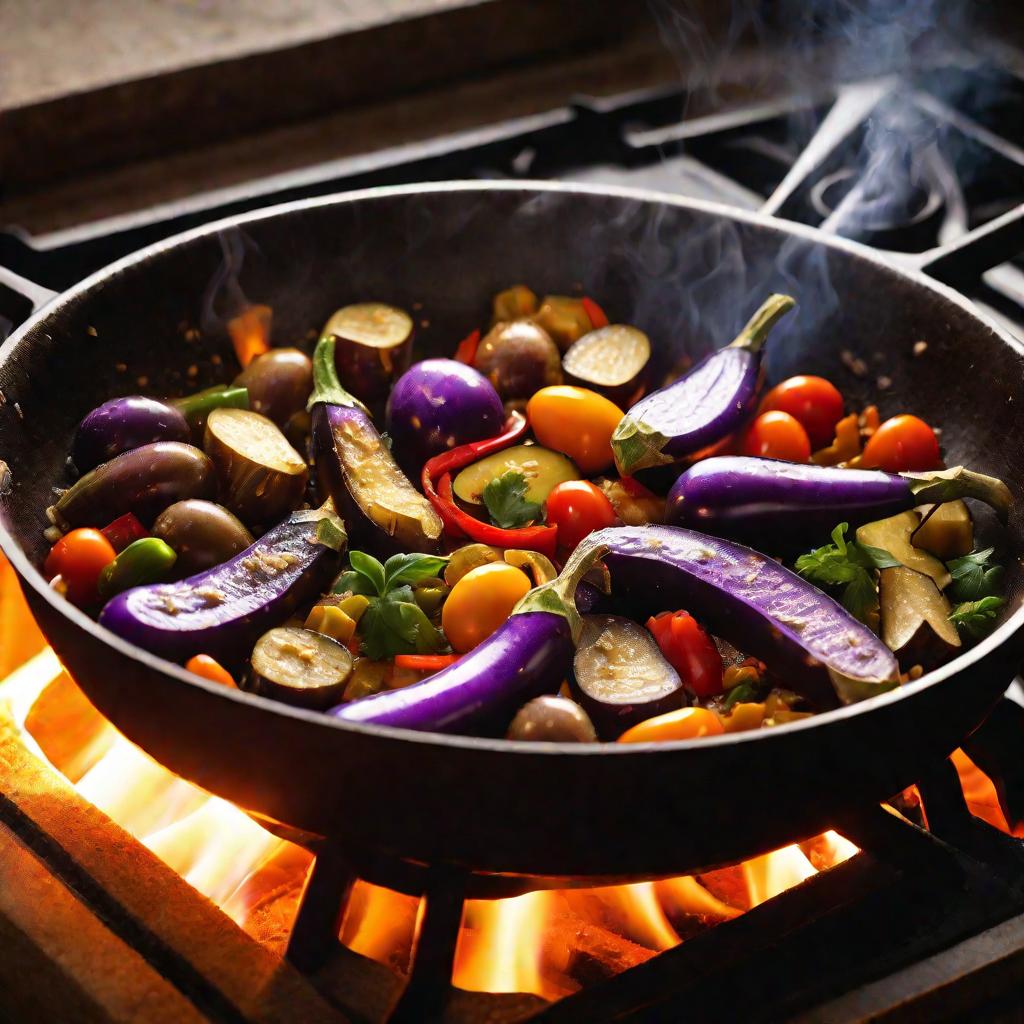 Овощи, в том числе баклажаны, обжариваются в воке на плите