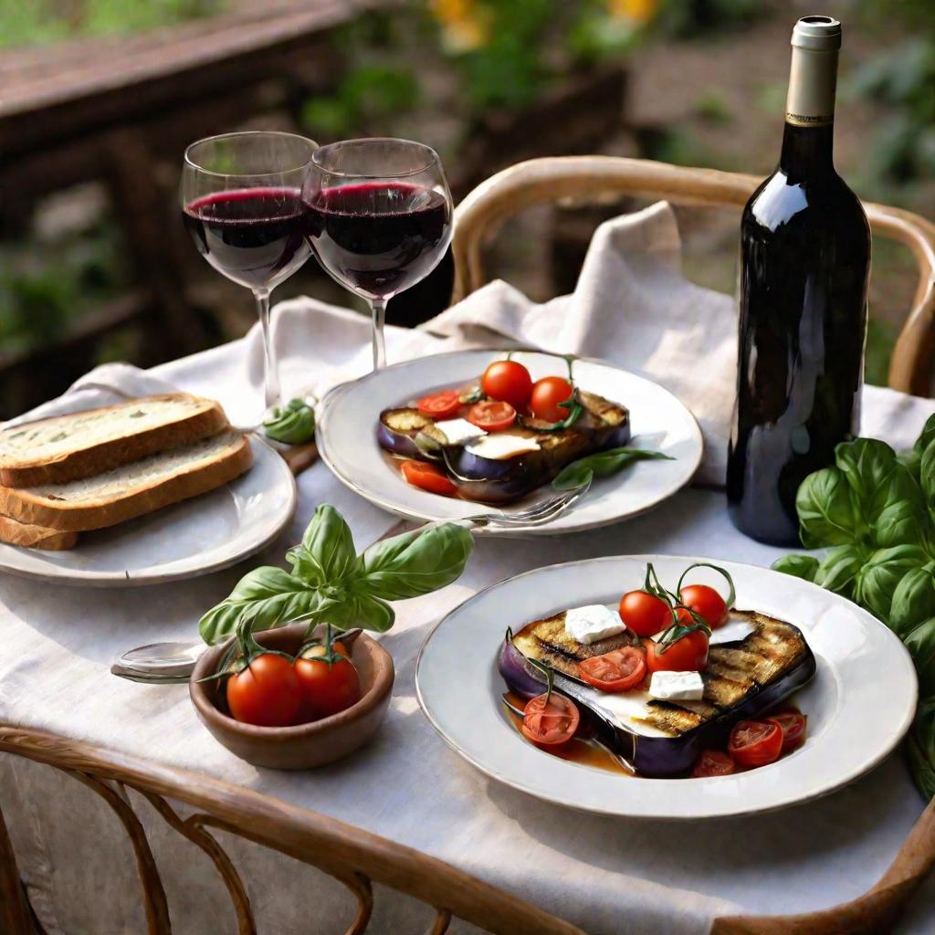 Тарелки с аппетитными запеченными баклажанами под сыром по рецепту с помидорами и базиликом