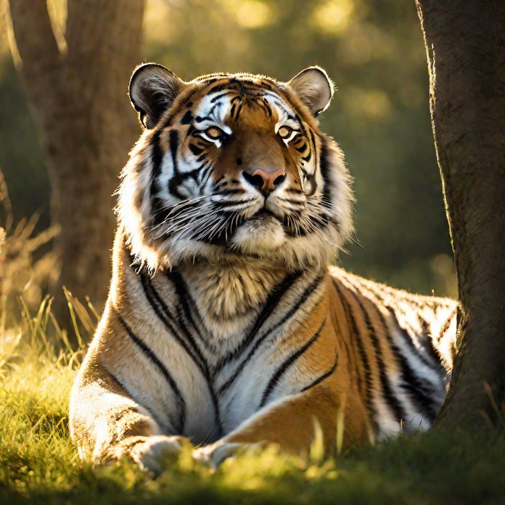 Тигр, сидящий в позе лотоса на лугу в лучах восходящего солнца