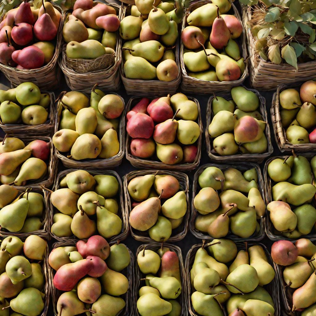Прилавок на осеннем фермерском рынке, заваленный корзинами спелых ароматных груш