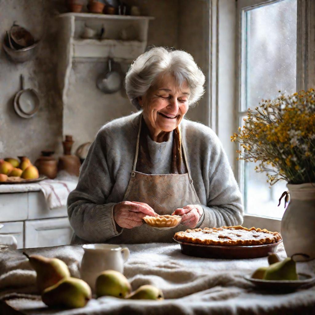 Бабушка ставит на стол домашний грушевый тарт и чашку чая зимним утром