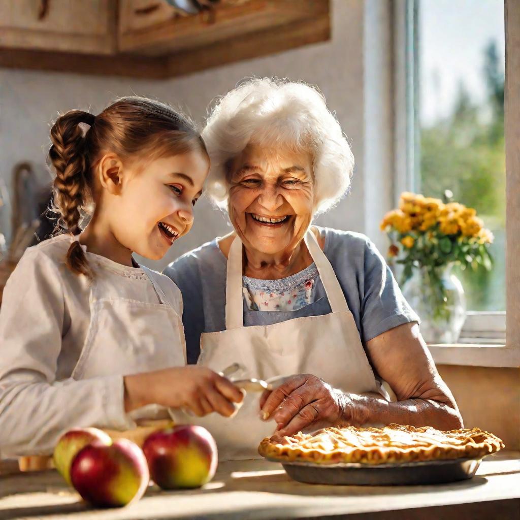 Портретная композиция улыбающейся бабушки и маленькой девочки в фартуках, рассматривающих только что испеченный яблочный пирог с молочно-сливочной начинкой, стоящий на подоконнике кухонного окна в солнечное летнее утро