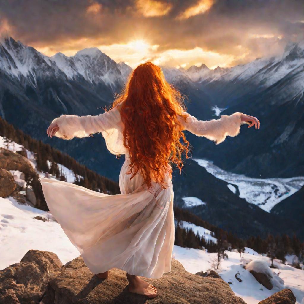 Балерина танцует на фоне гор в закатных лучах