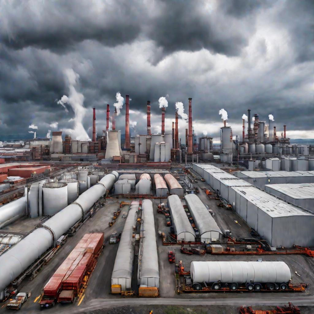 Широкий вид на большой промышленный завод с трубами на фоне серого неба