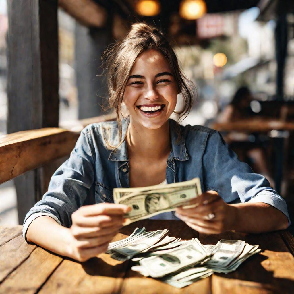 Девушка считает деньги в кафе утром
