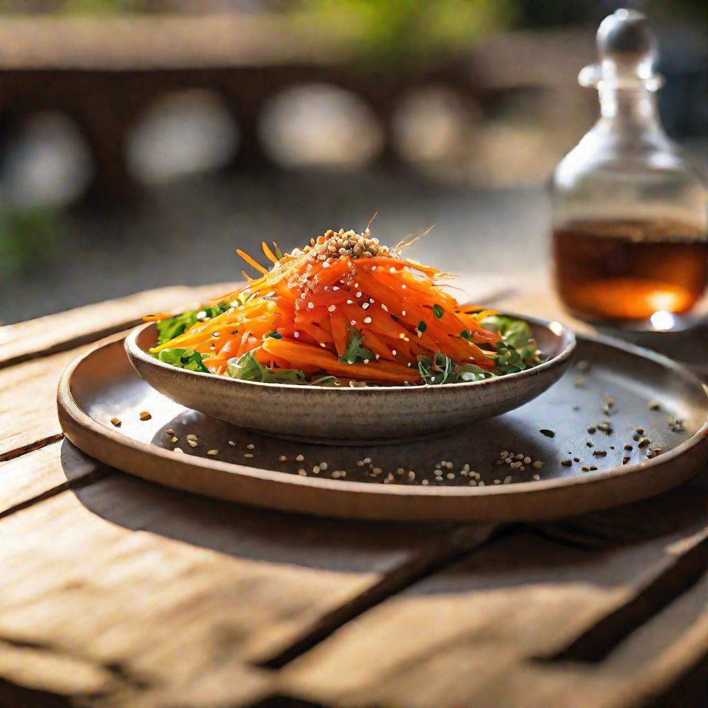 Корейский морковный салат на деревянном столе.
