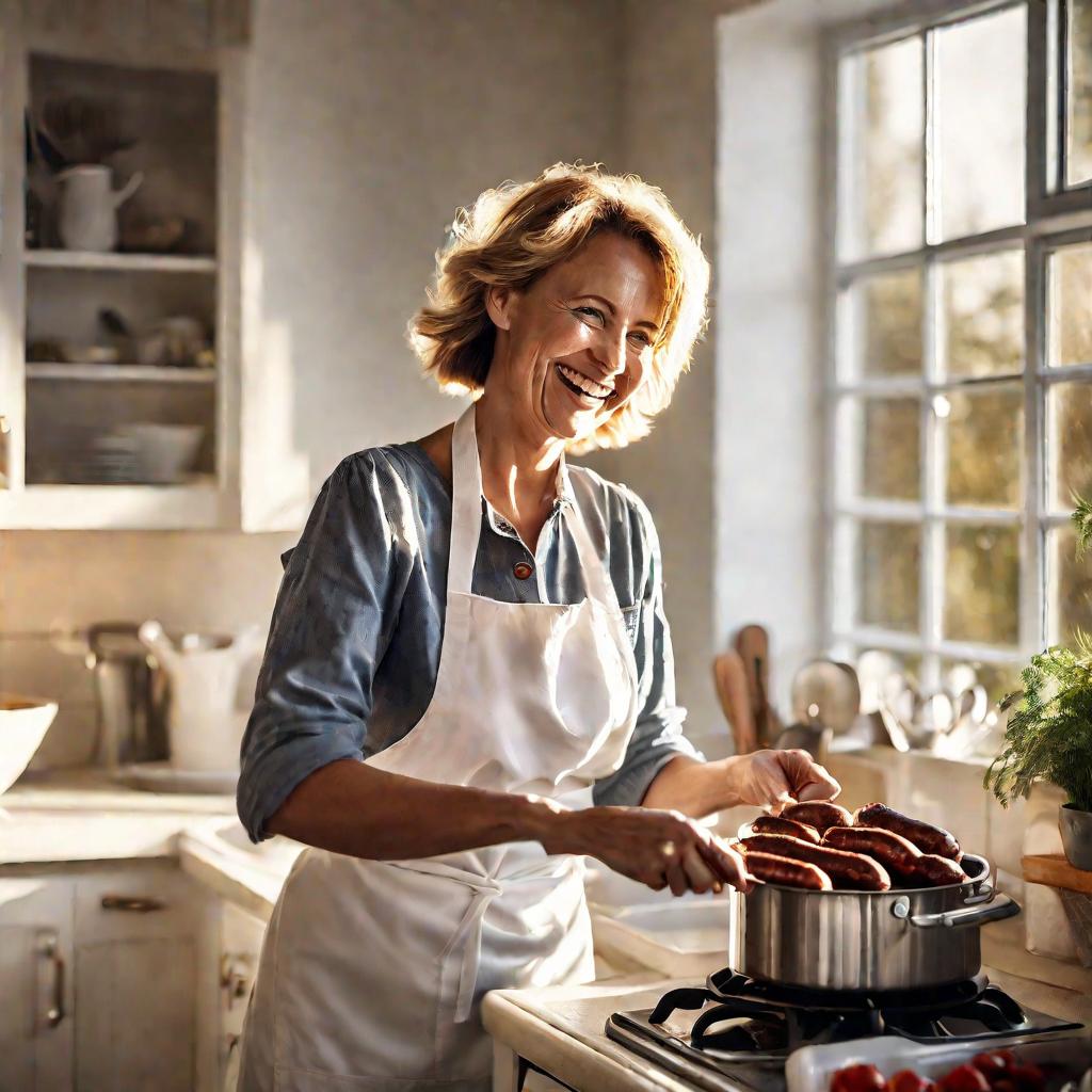 Портрет женщины в белом фартуке, улыбающейся и достающей вареные сосиски шумовкой из кастрюли с кипящей водой на кухне в доме в солнечный день