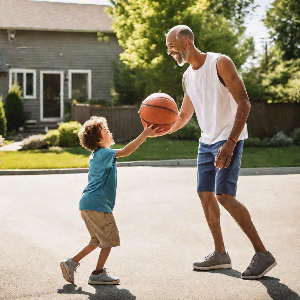 Отец играет с сыном в баскетбол