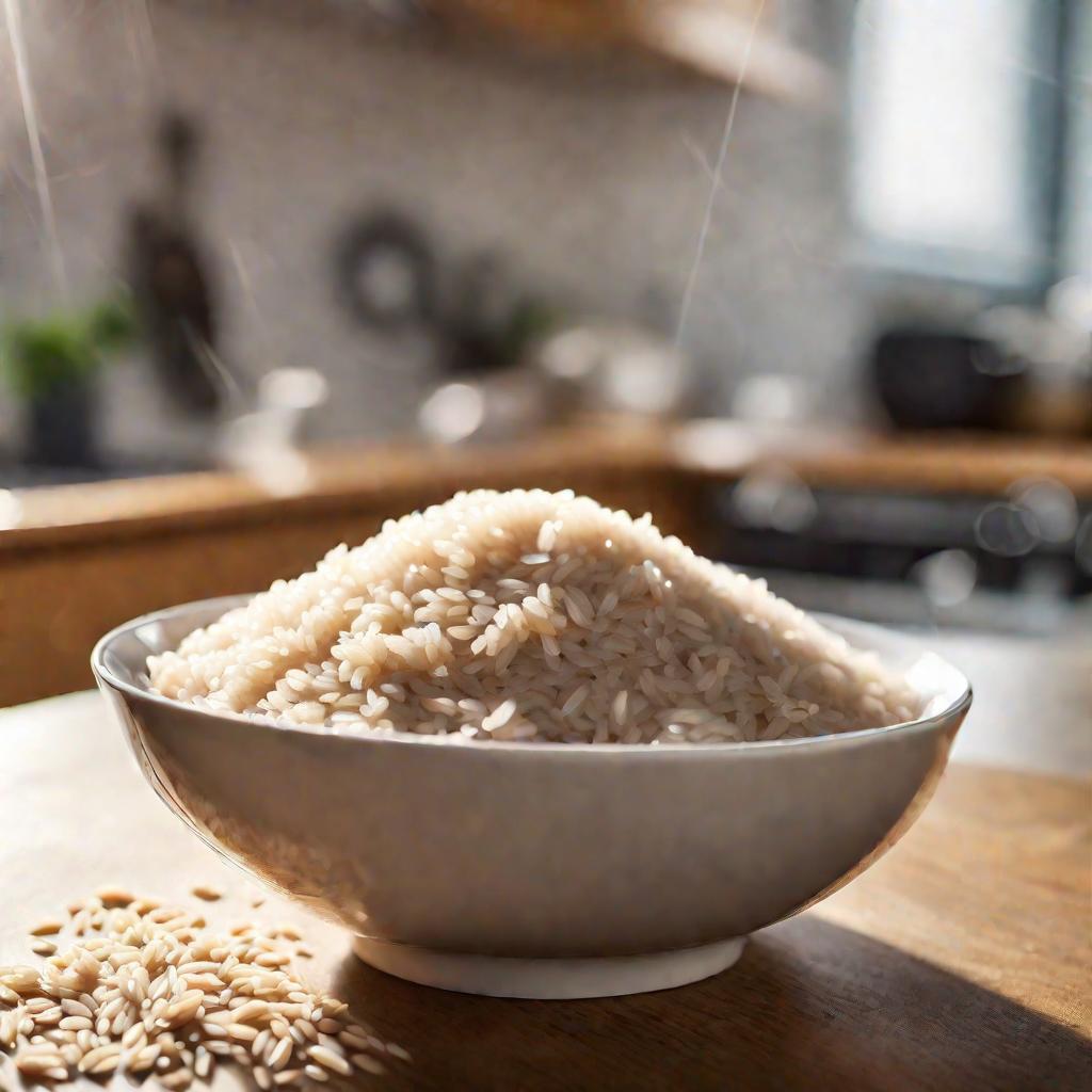 Миска с приготовленным коричневым рисом, от которого поднимается пар в светлой современной кухне. Рис выглядит пышным с видимыми зернами. Из окна льется мягкий теплый естественный свет, создавая спокойную атмосферу.
