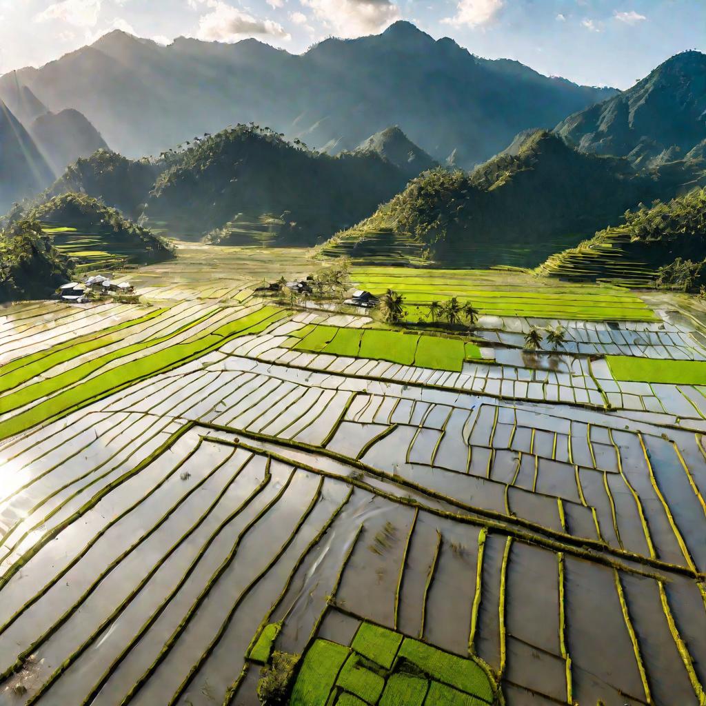 Вид сверху на рисовое поле в яркий солнечный день с ярко-зелеными всходами риса, растущими на затопленных террасах, и горами на заднем плане. Солнечный свет красиво отражается от воды, создавая мирную природную сцену.