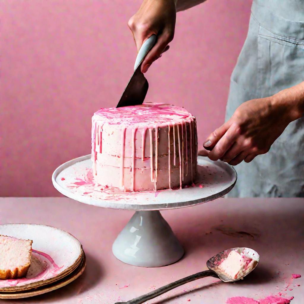 Рука намазывает ванильный крем на розовый торт