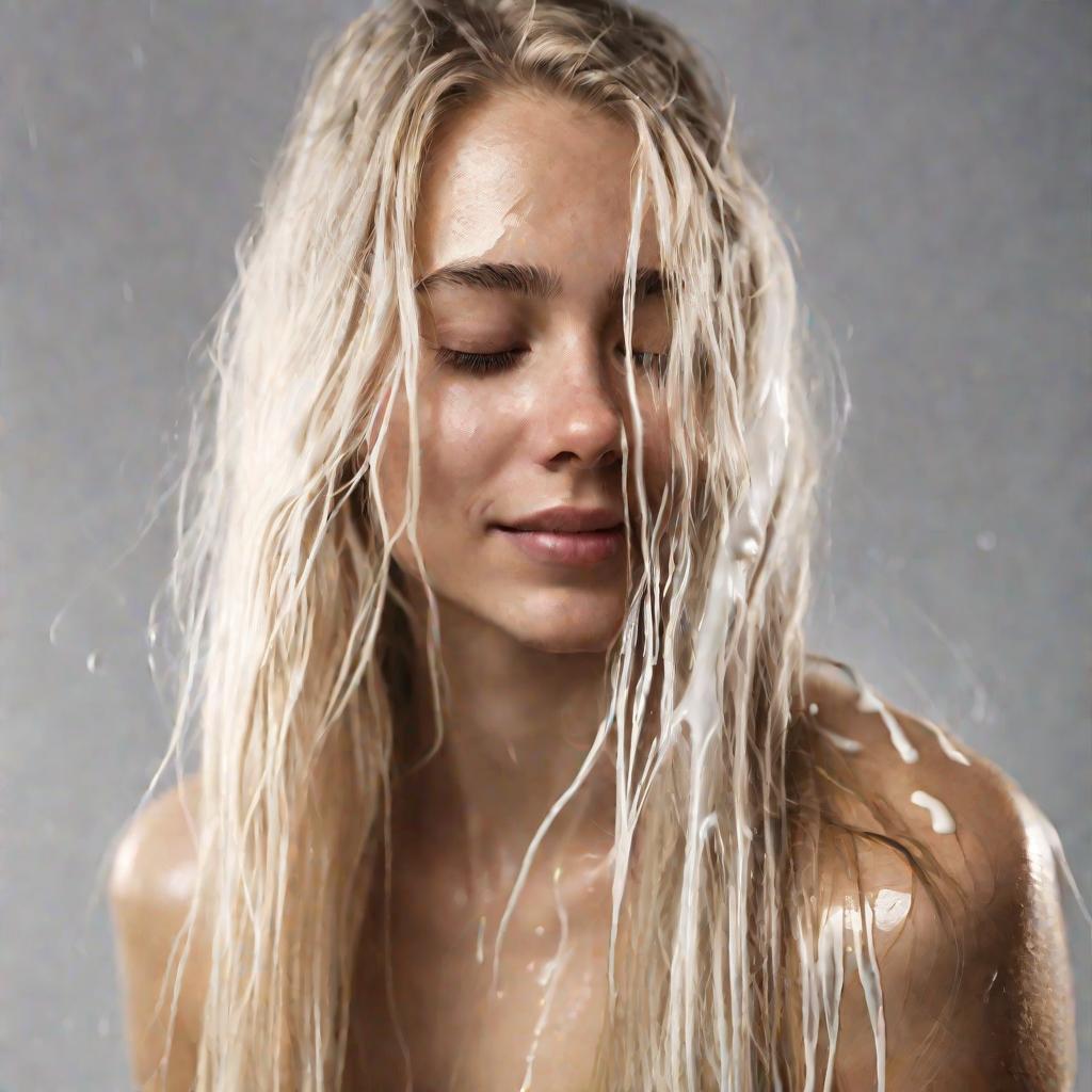 Блондинка перебирает мокрые волосы