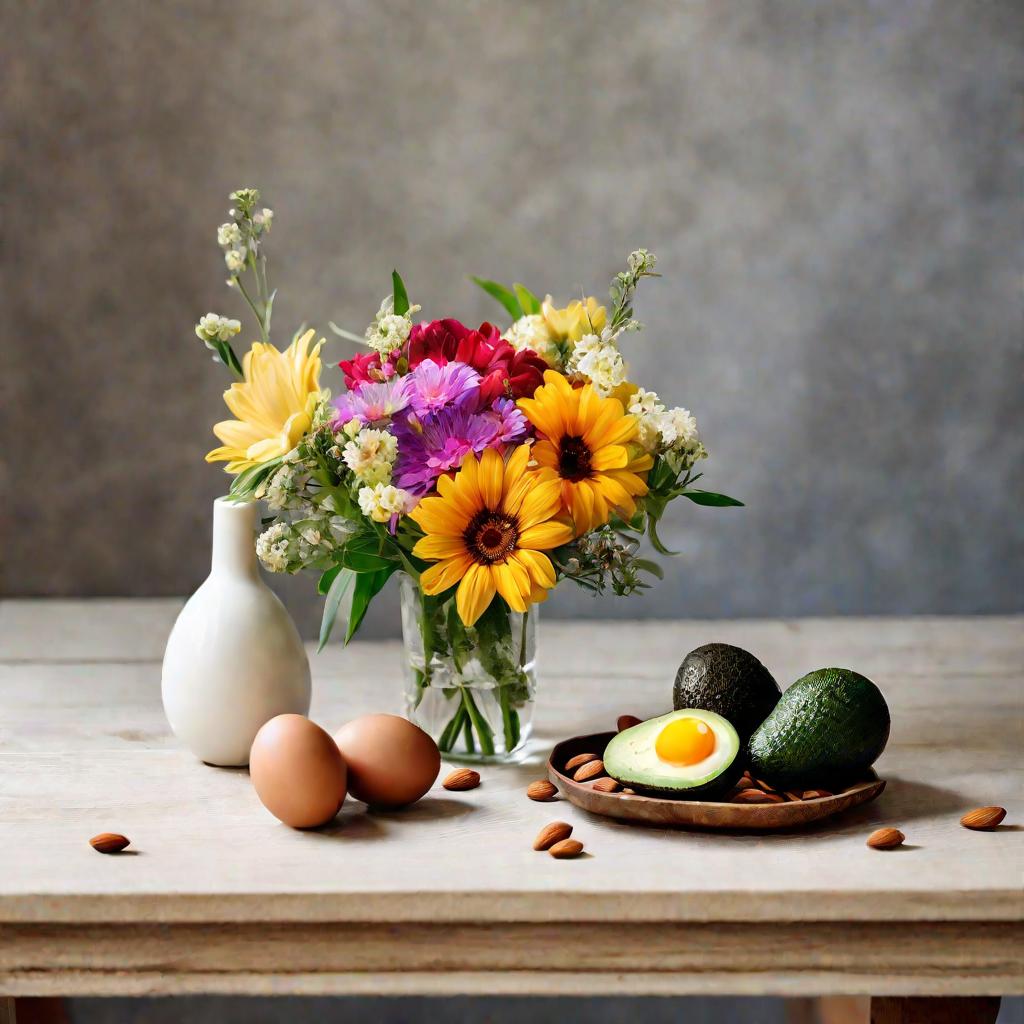 натюрморт с витаминами, авокадо, яйцом и миндалем