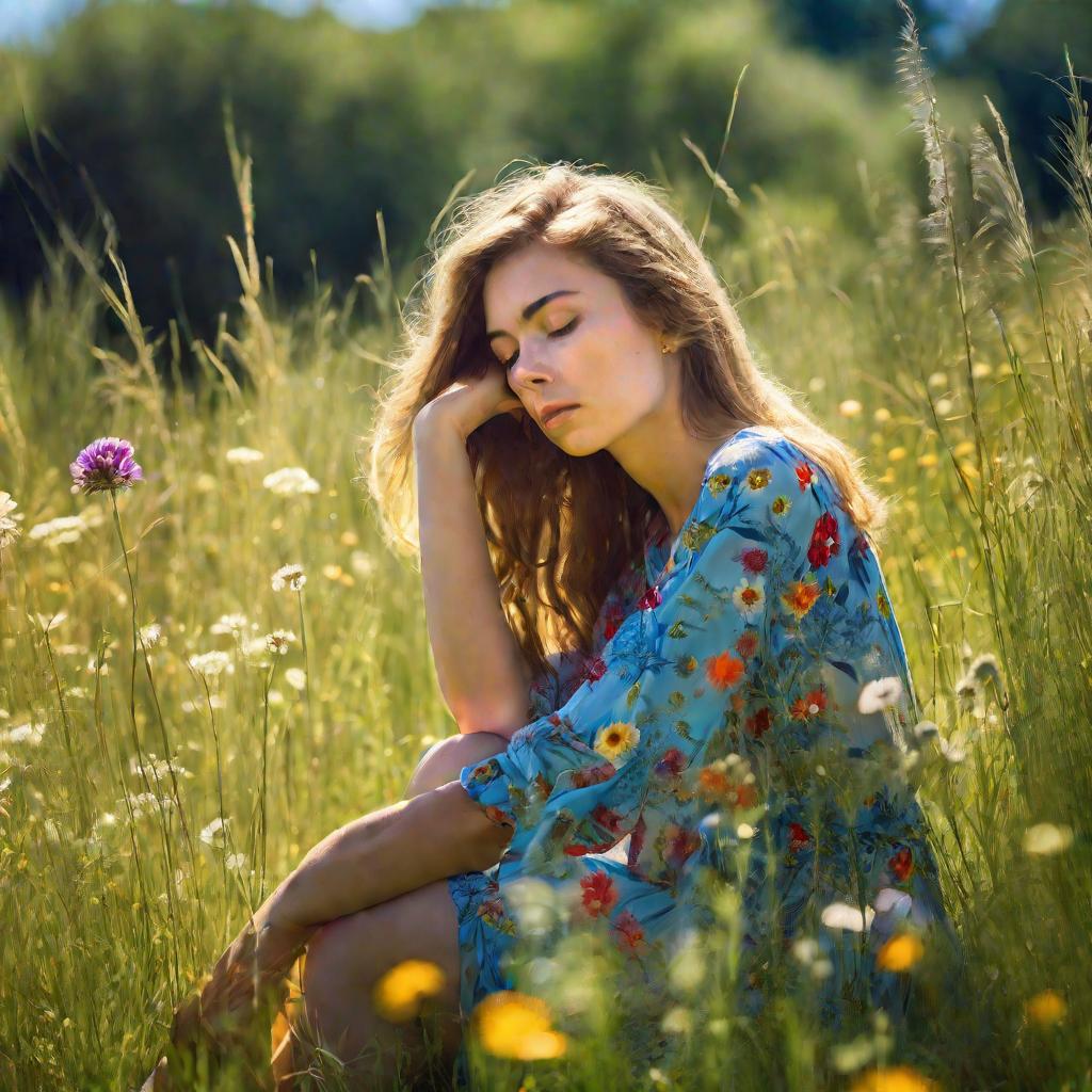 Девушка сидит в цветущем лугу, задумчиво смотрит вдаль