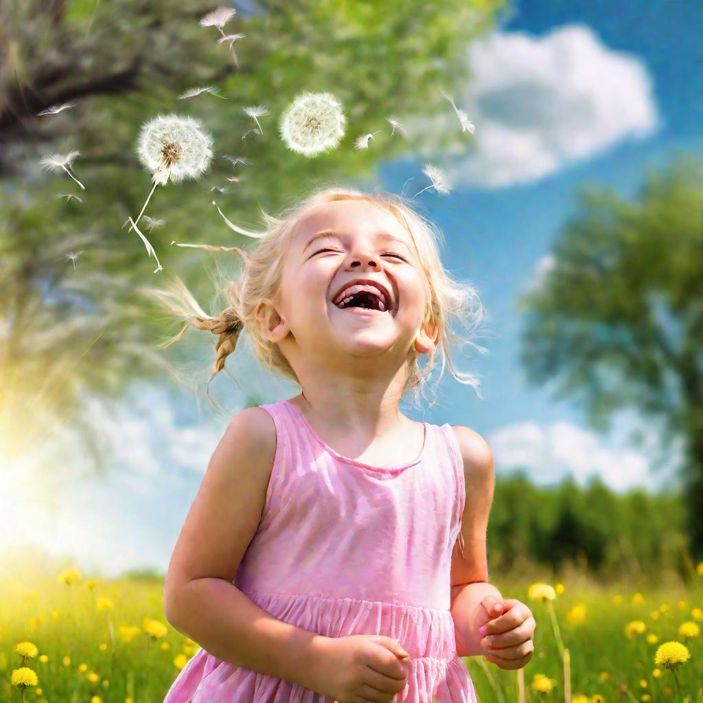 Радостная маленькая девочка с заплетенными блондинистыми волосами, смотрящая вверх и смеющаяся на улице в солнечный летний день. Она одета в розовое платье и держит одуванчик. Фон - зеленый луг с деревьями и голубое небо. Освещение яркое и теплое.