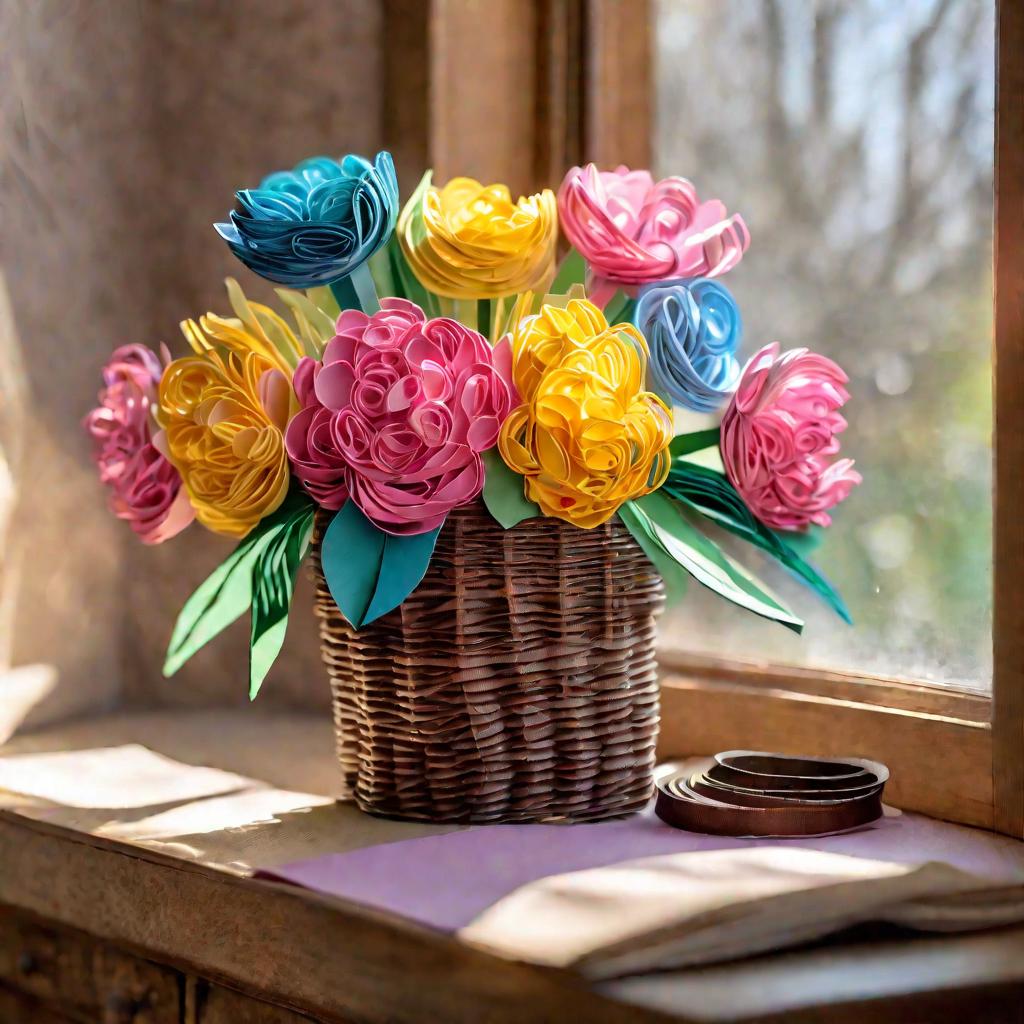 Плетеная корзинка с весенними цветами, сделанными из завитков цветной бумаги в технике квиллинг, стоит на подоконнике в лучах утреннего солнца