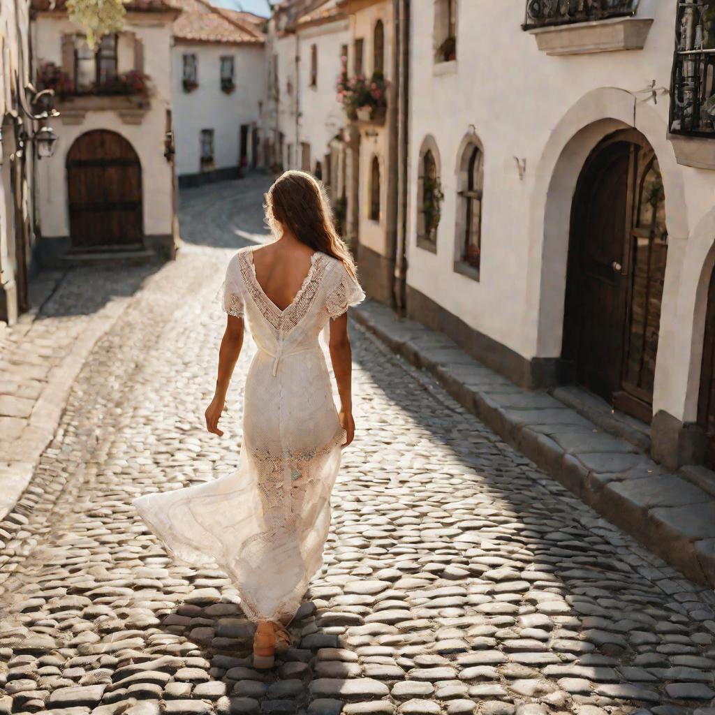 Женщина в белом кружевном платье идет по мостовой