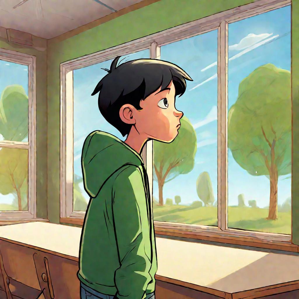 Мальчик смотрит в окно класса