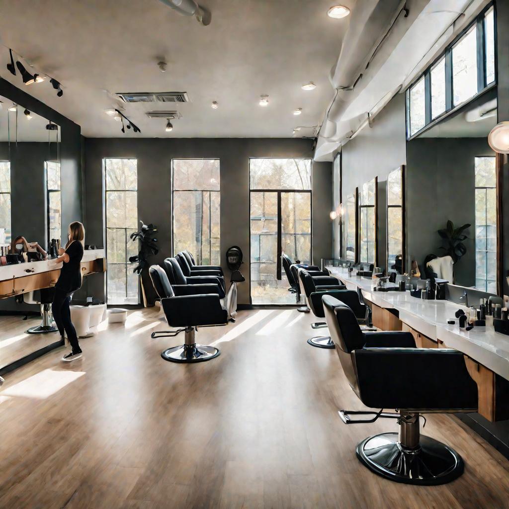 Интерьер парикмахерского салона с мастером, стригущим клиентку.