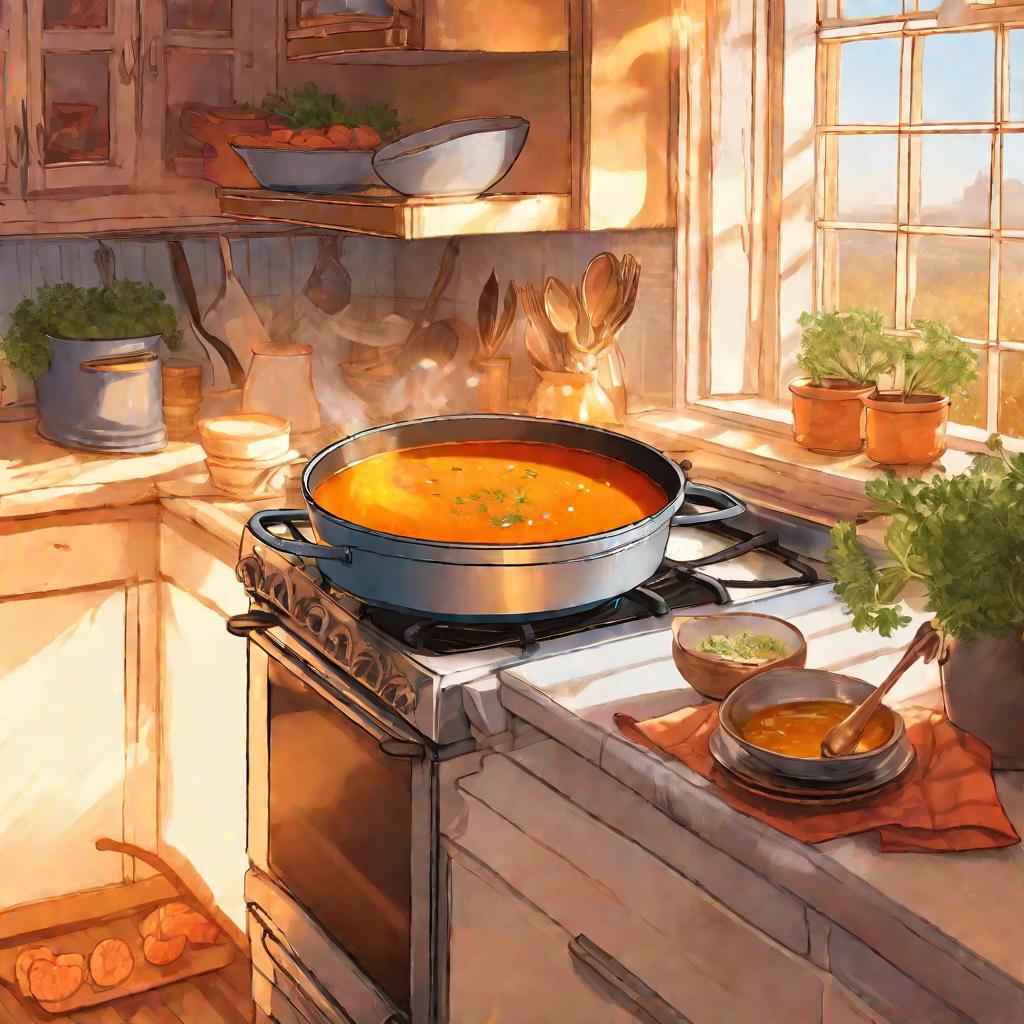 Горячий суп с морковью на плите