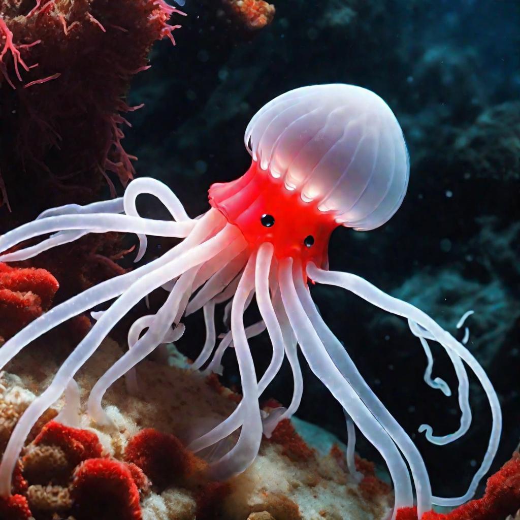 Крупный план странных глубоководных животных, найденных на дне впадины Челленджера: белая медуза, красный краб, стая серебристых рыб.