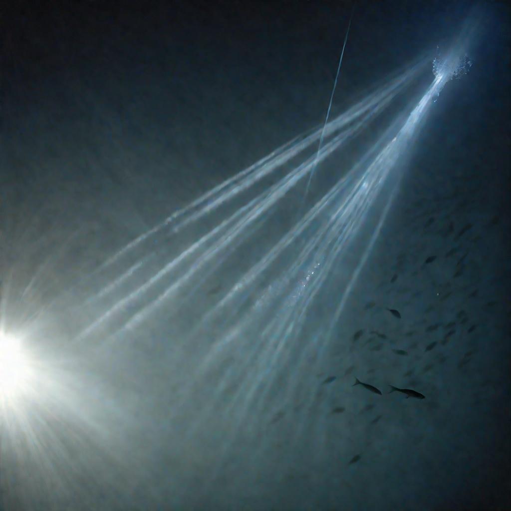 Лучи солнца пронизывают темную бездну Челленджера, освещая безбрежную равнину дна. В лучах видна стая серебристых рыб.