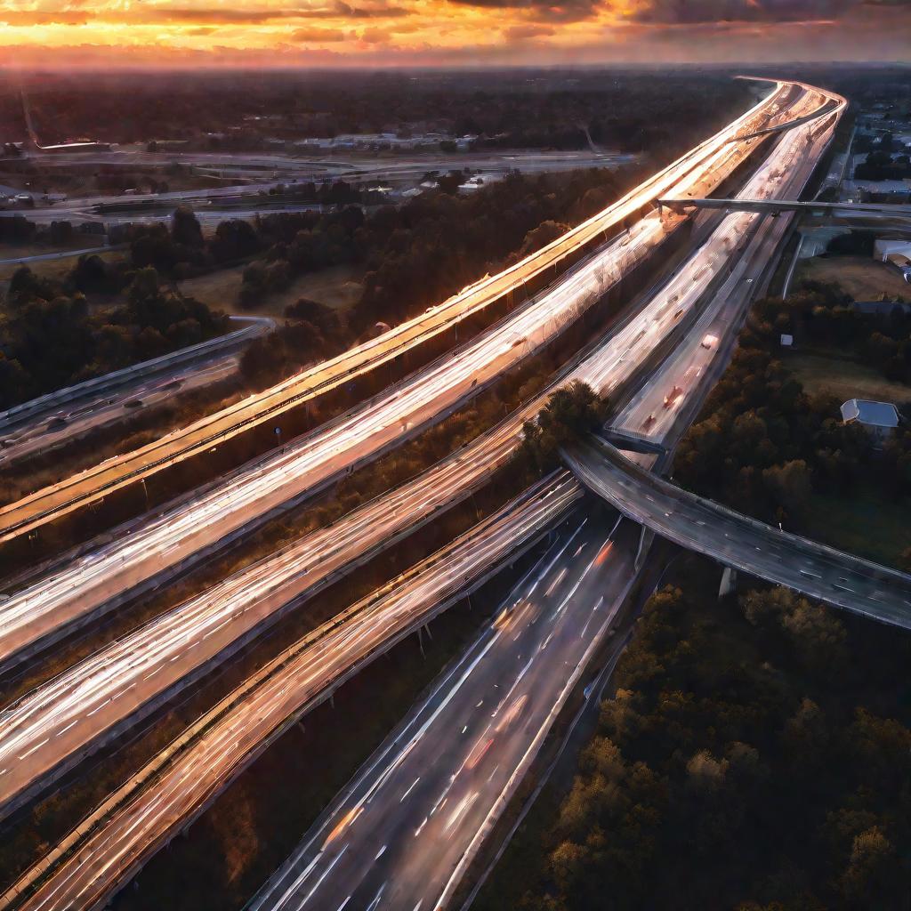 Закат над скоростной автострадой с потоками света от движущихся автомобилей