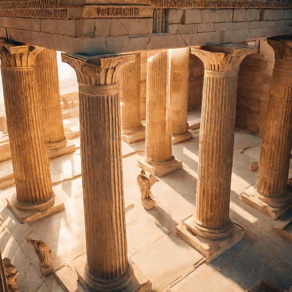 Вид сверху на колонный зал Парфенона в лучах солнца
