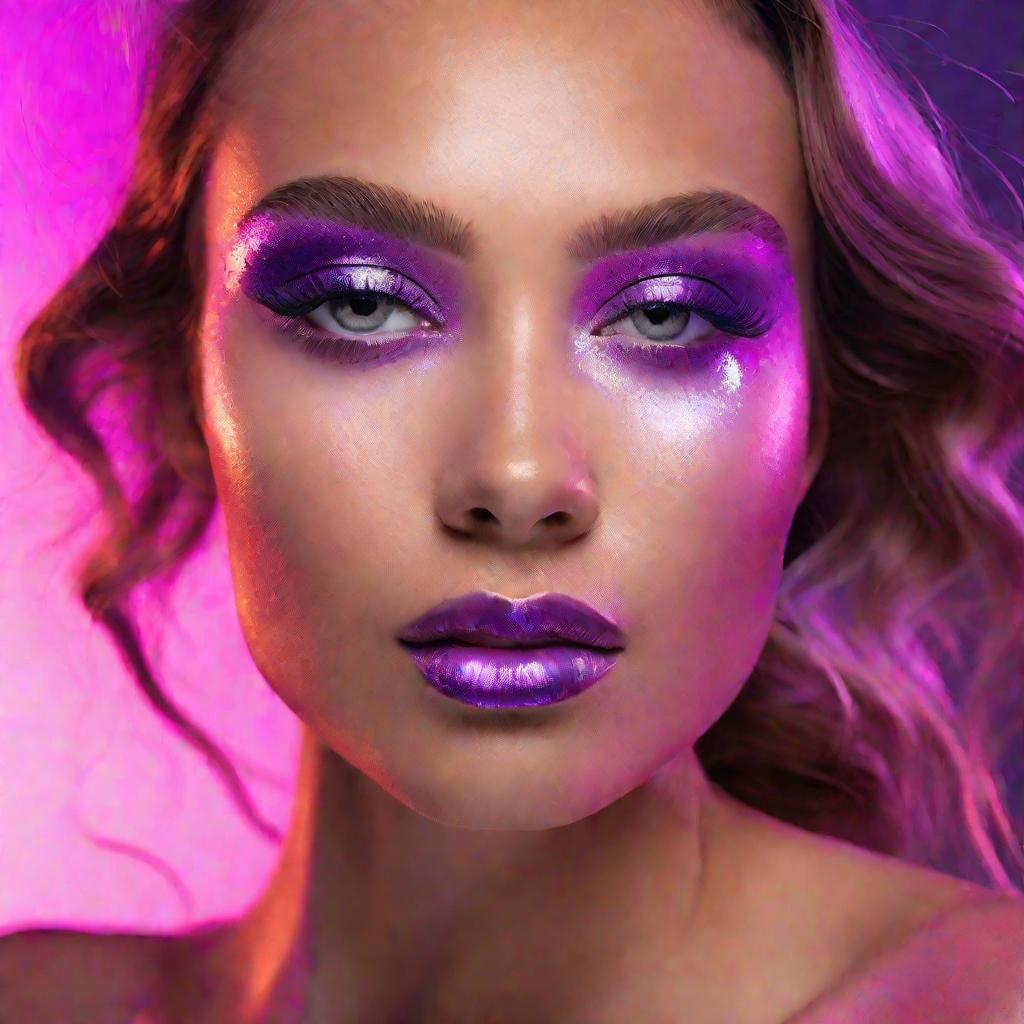 Женщина с ярким фиолетовым макияжем глаз над переливающейся базой, создающей эффект свечения