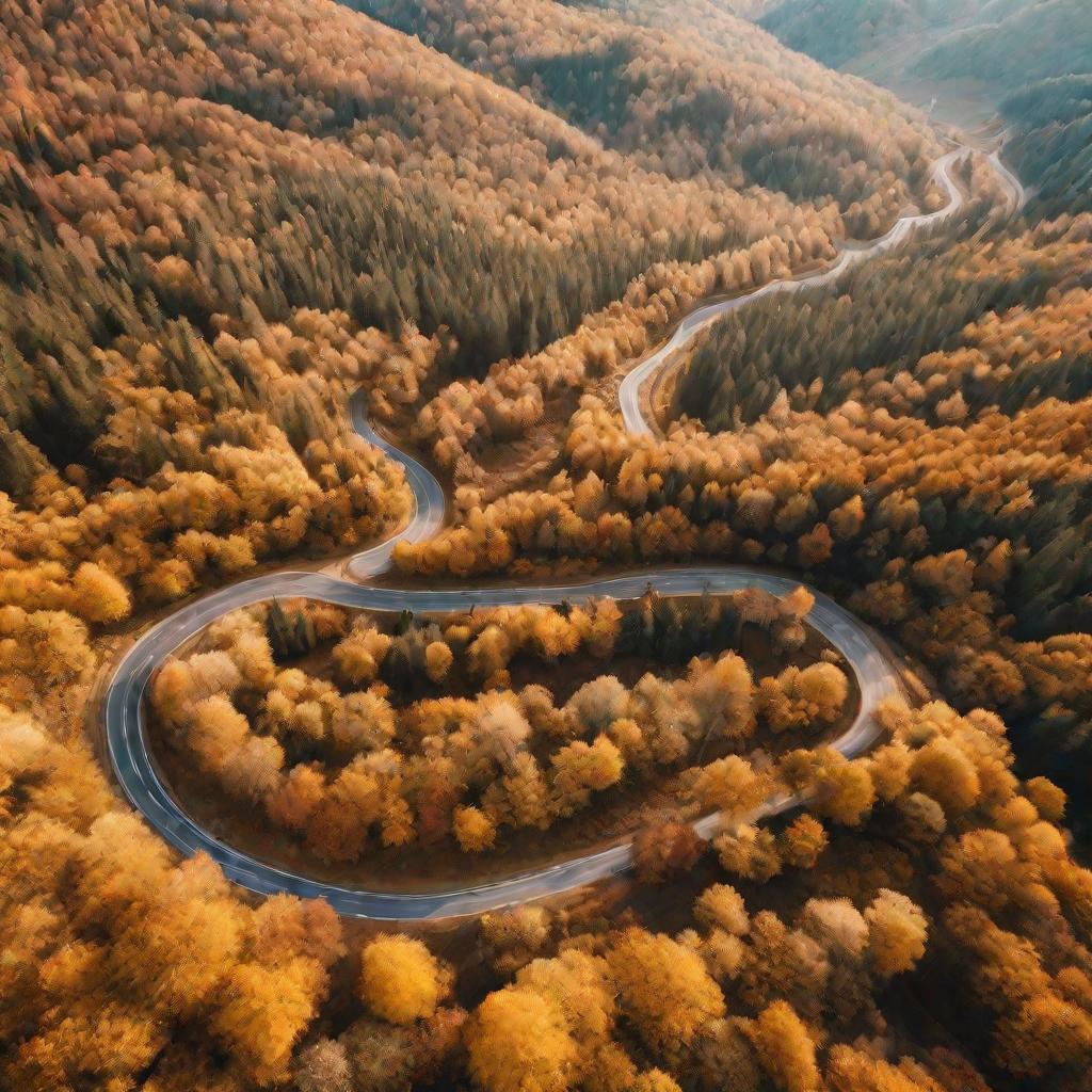 Пейзаж: с высоты птичьего полета виден яркий солнечный золотой осенний лес с красочной листвой, величественная извилистая дорога среди холмов днем