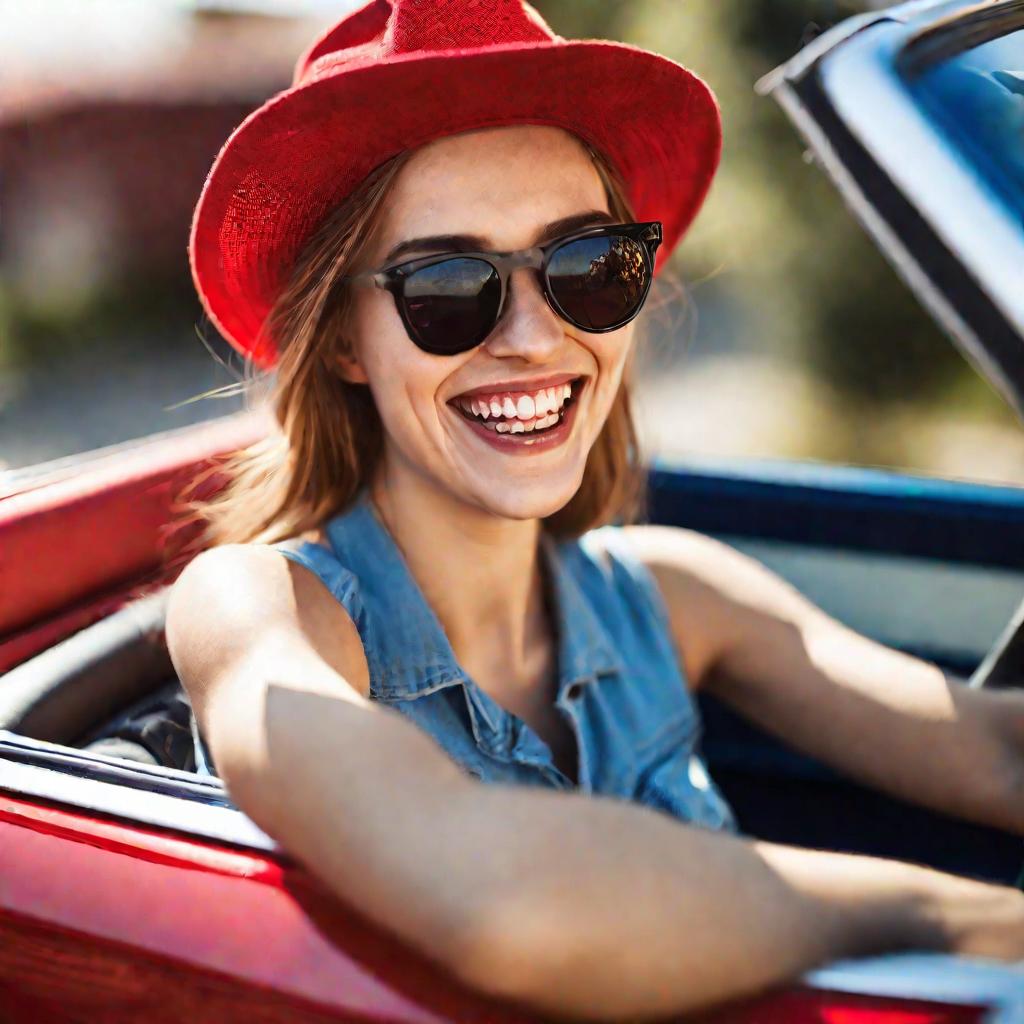 Крупный портрет счастливой молодой женщины-водителя, смотрящей в камеру и смеющейся, в стильных солнцезащитных очках и красной шляпе, сидящей в синем кабриолете с красным кожаным салоном в солнечный летний день