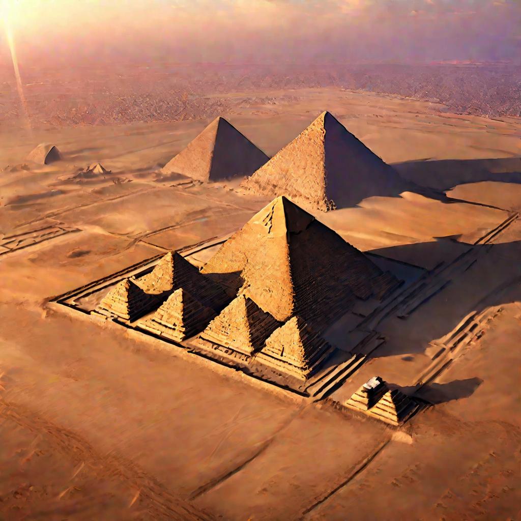 Вид сверху на пирамиды Гизы и Сфинкс на закате.