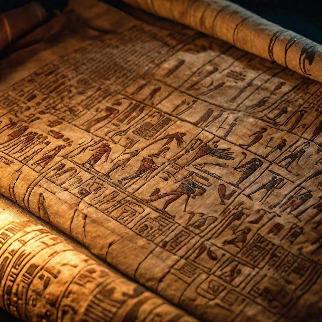 Крупный кадр египетского папируса при свете факелов.