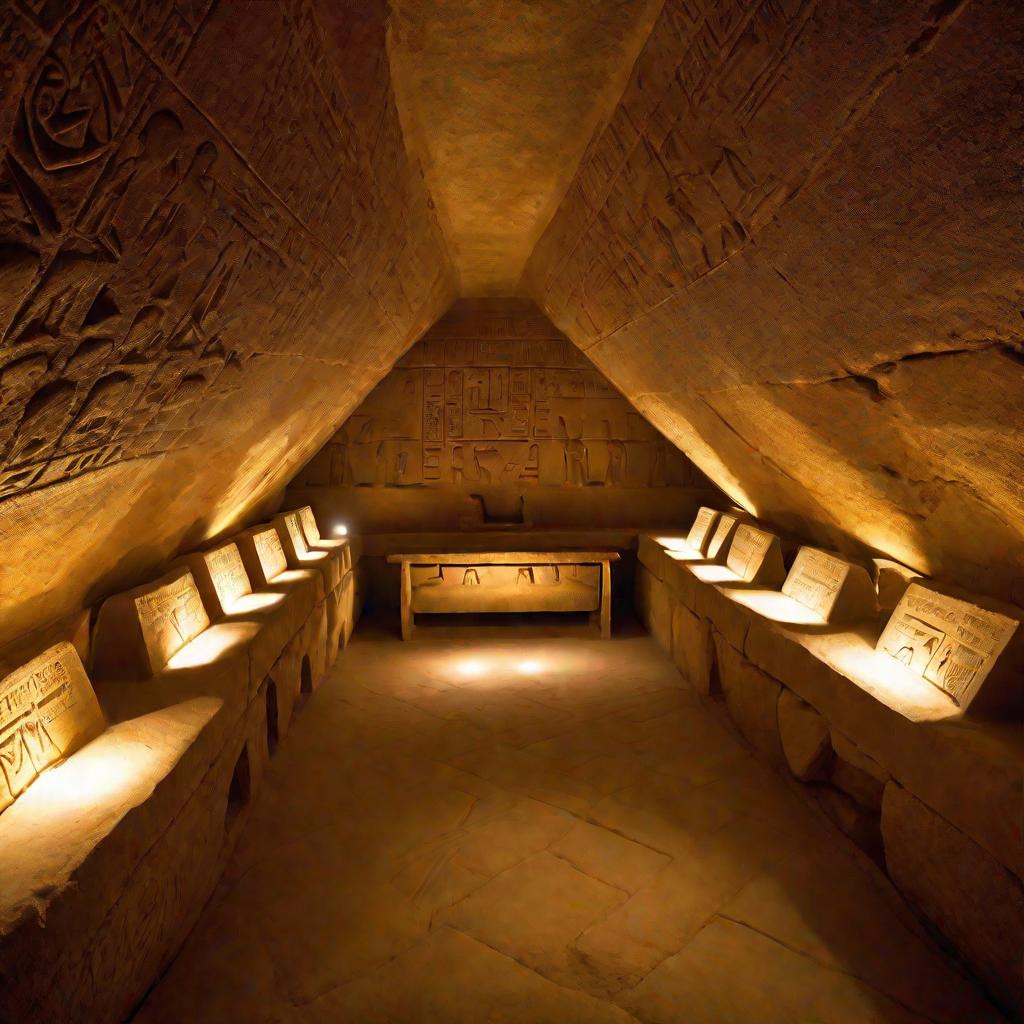 Вид изнутри на погребальную камеру в пирамиде Хеопса при мягком освещении. В центре находится пустой саркофаг фараона. Сложные иероглифы высечены на каменных стенах вокруг.