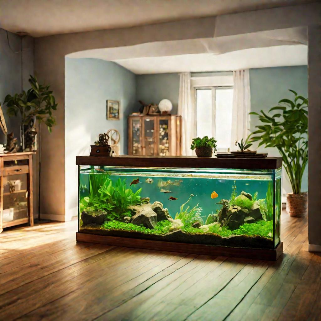 Прямоугольный аквариум в гостиной.